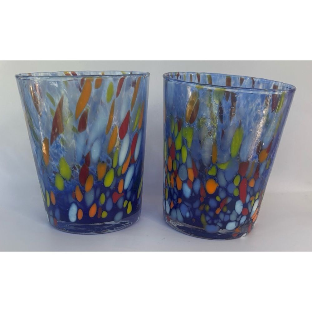 Vintage Murano  Murrine Multicolor Handblown Glass Tumblers ~ Set of 2 - Picture 3 of 8